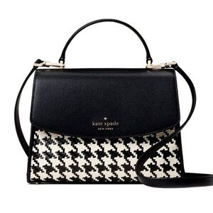 Kate Spade Darcy Top Handle Woven Houndstooth Multi Pocket Leather Satchel Bag